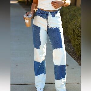 Chic Patchwork Blue and White Straight Leg Jeans